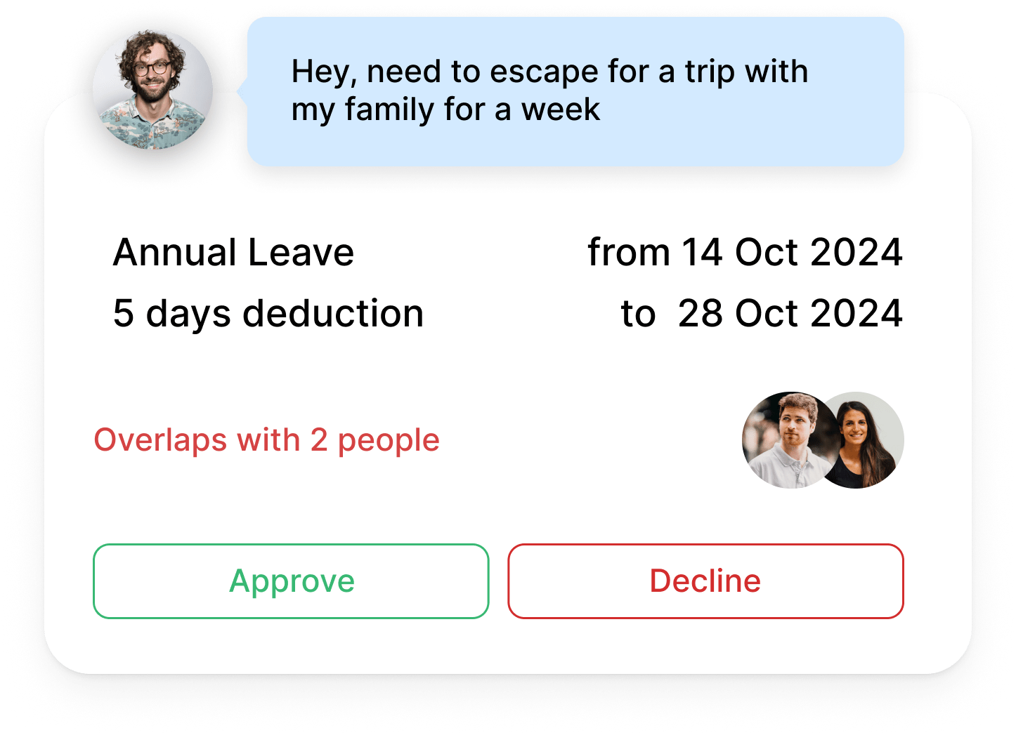 Annual leave request notification with overlap warning for 2 employees