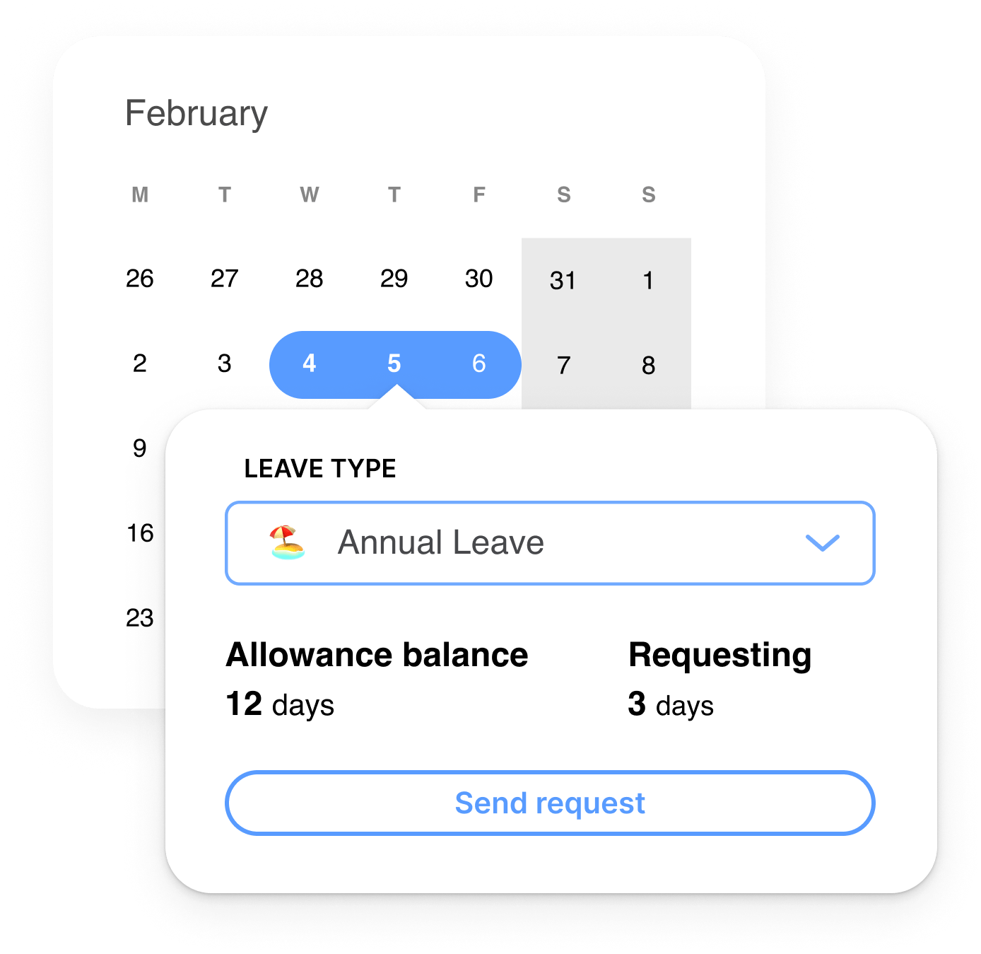 Leave request interface with calendar and allowance balance