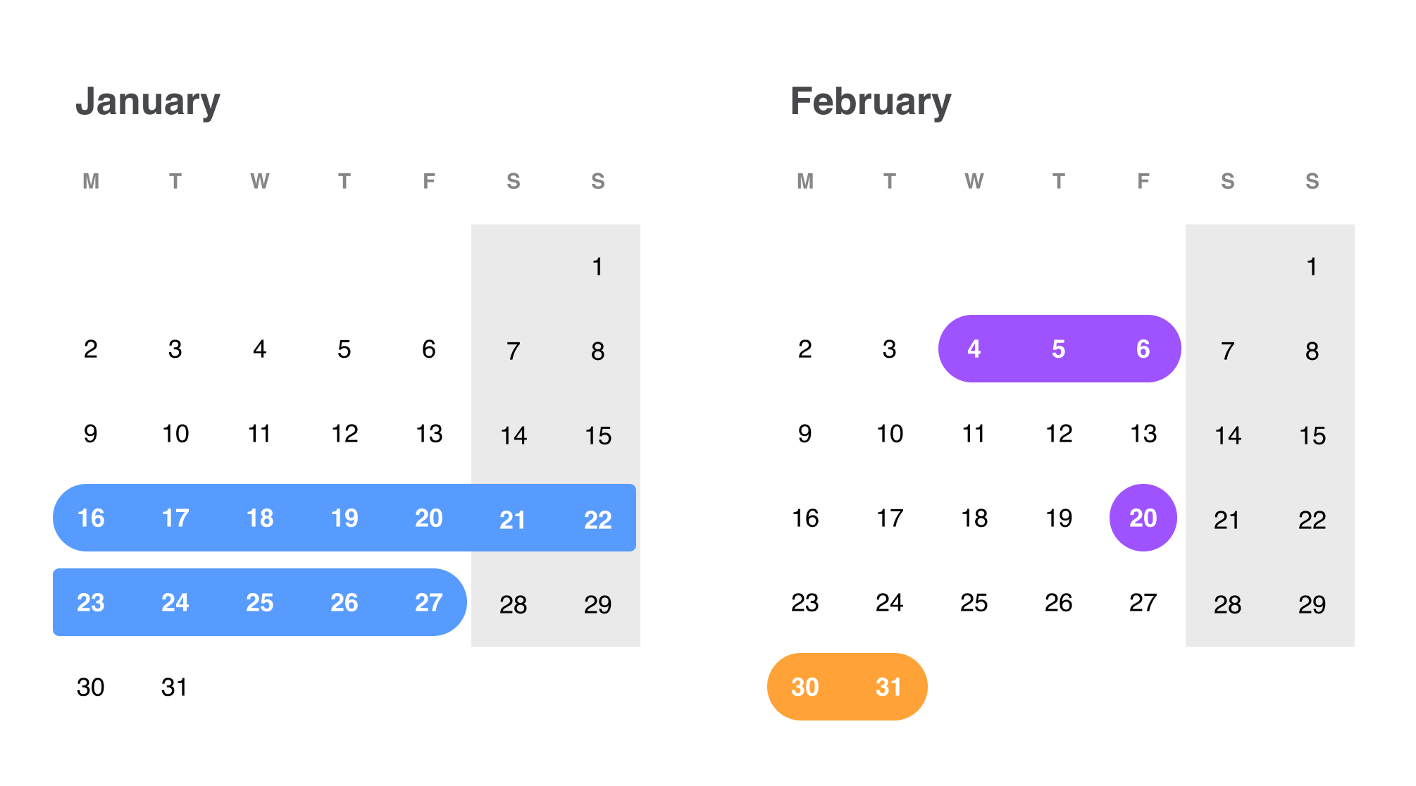 Employee leave calendar with highlighted leave days